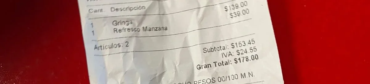 Detalle del ticket de Taquería Orinoco Roma Norte: gringa $139, refresco $39, total $178