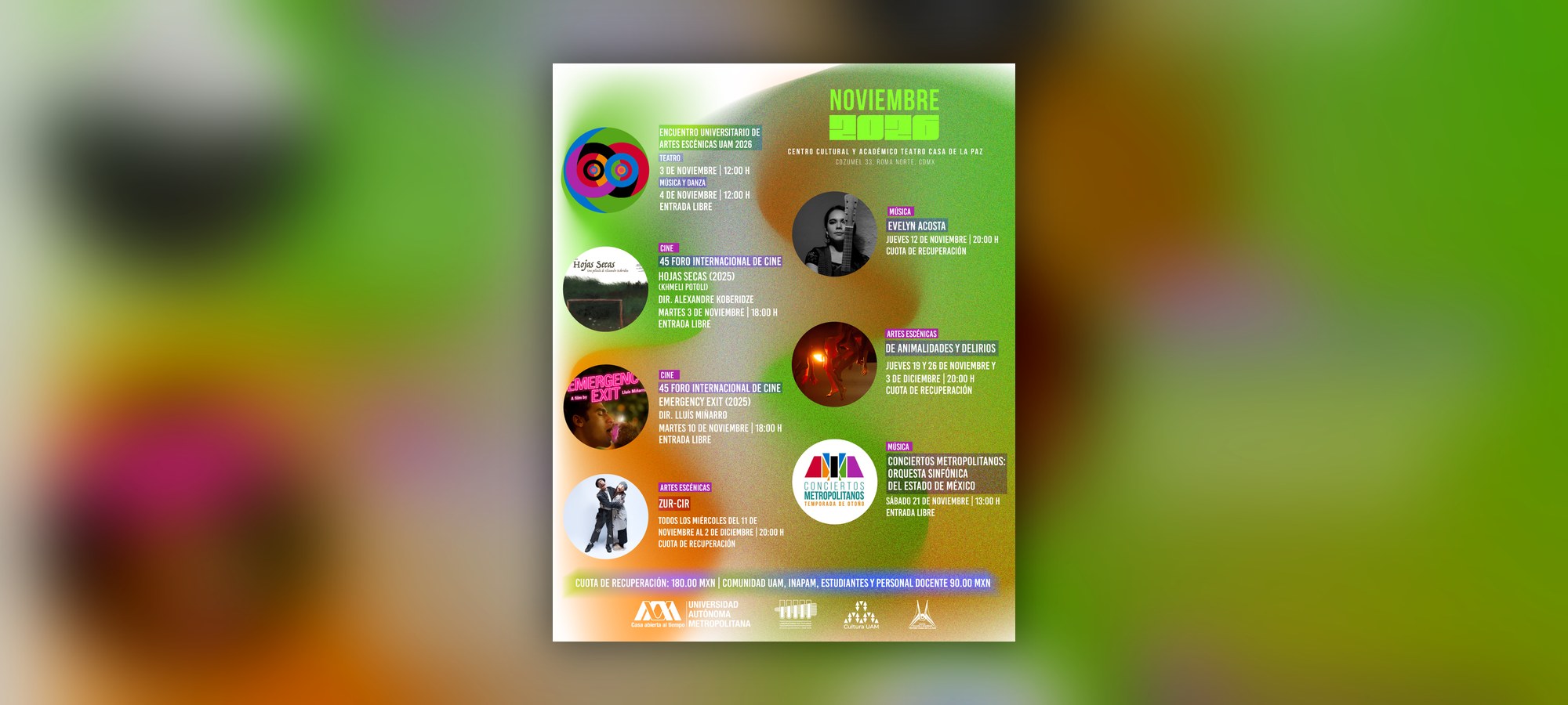 Cartelera de Teatro Casa de la Paz (UAM): noviembre 2026