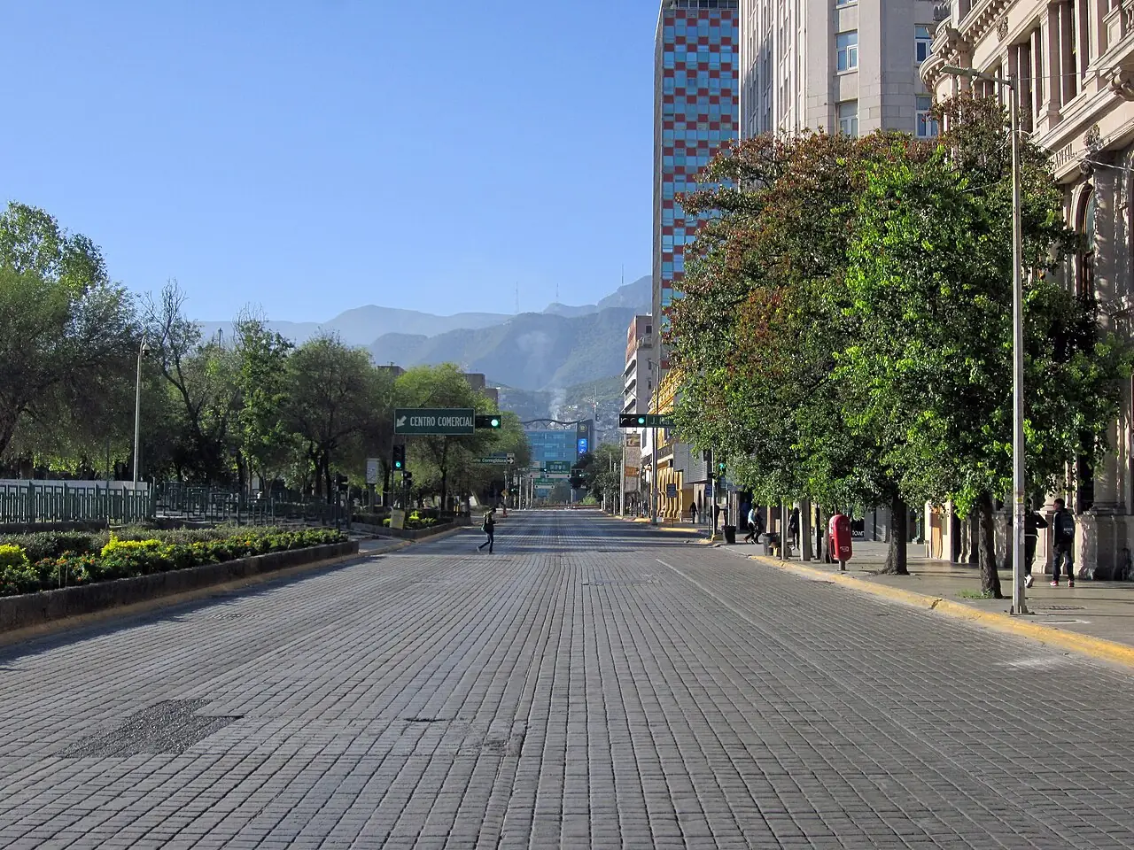 View of Avenida Jose Maria Morelos at the intersection with Padre Mier, Monterrey Centro, Nuevo Leon, Mexico.