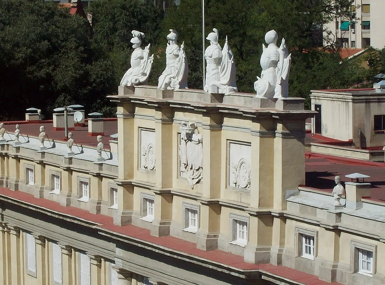 Detail of the north-east façade of Liria Palace in Madrid (Spain), seen from Cuartel del Conde-Duque.